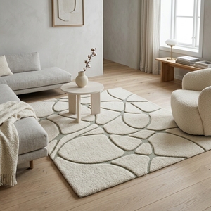 Alfombra Moderna Abstracta con Patrón de Piedra en Color Marfil y Verde Salvia, Rectangular, de Lana y Acrílico, Antideslizante, para Sala de Estar - Product Image 4