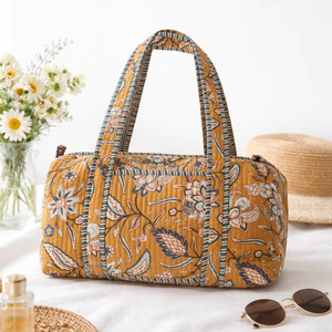 Sac de voyage unisexe à imprimé floral jaune, sac de voyage en coton matelassé, fermeture à glissière, doubles poignées, léger, 20-35L, sac de sport pour le week-end - Product Image 1