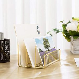Minimalist Gold Metal Desk Organizer Storage <b>Holder</b> Rectangle Freestanding Office Organizer for Papers and Cards - Product Image 1