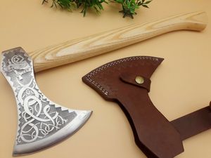 Premium <b>Engraved</b> Utility Hatchet Wooden Handle Outdoor <b>Tool</b> Wholesale Supplier Custom Pattern Steel Camping Hatchet With Leather - Product Image 5