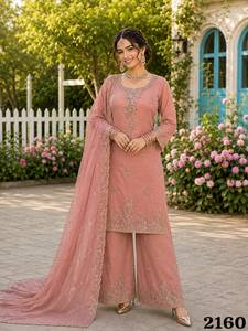 <b>Women</b>’s Rose Gold Beads Work <b>3</b>-<b>Piece</b> Ethnic <b>Suit</b> Set with Apple Cut Top, Matching Bottom and Designer Dupatta, Heavy Crepe Inner - Product Image 2
