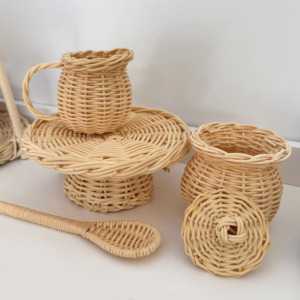 Juguetes de cocina para niños, accesorios de cocina de ratán natural, juego de cocinar y servir, utensilios de cocina de madera. - Product Image 1