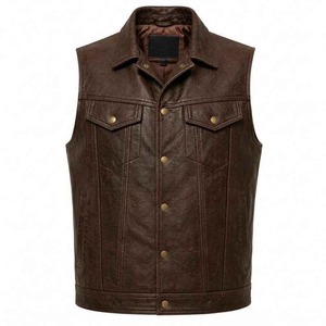 Chaleco sin mangas de cuero genuino para hombre, cuello vuelto, cierre de botones, estilo motociclista, ropa exterior de otoño - Product Image 4