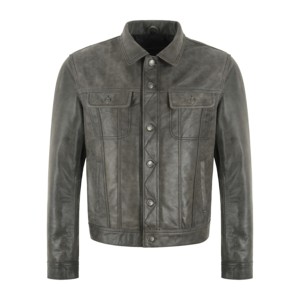 Chaqueta de Cuero Estilo Trucker para Hombre, Color Gris, Cuero de Búfalo Vintage, Chaqueta de Cuero Genuino Desgastado, Fabricante OEM ODM, Venta al Por Mayor, Marca Privada - Product Image 1
