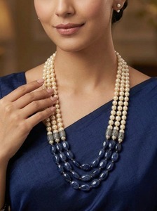 Collier de luxe à trois rangs de perles et pierres précieuses bleues, plaqué or, fait main, bijou de mariage pour femme - Product Image 2