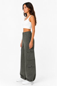 Pantalones Cargo de Mujer de Cintura Alta, Pierna Ancha, Estilo Casual Urbano, Holgados, con Cordón Ajustable en el Bajo, Multibolsillos, Ajuste Holgado - Product Image 5