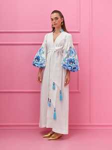 Vintage Boho Embroidered Cotton Maxi Dress Women <b>White</b> Floral Pattern <b>Balloon</b> Sleeve Tassel Tie Waist Loose Fit Dress - Product Image 3