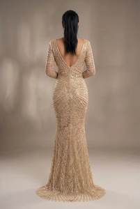 ชุดราตรีหรูหราสีโรสโกลด์ประดับเลื่อม แขนยาวทรงเมอร์เมด ชุดออกงานทรงเข้ารูปยาวลากพื้น สง่างาม เหมาะสำหรับงานเลี้ยงอย่างเป็นทางการสำหรับผู้หญิง - Product Image 2