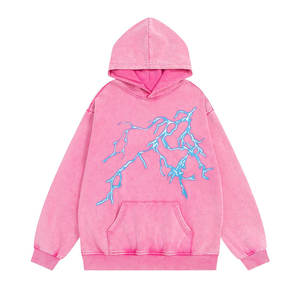 Sweat à capuche rose personnalisé pour homme, style vintage délavé à l'acide, coupe oversize, streetwear, imprimé graphique, pull en molleton, motif électrique, hip-hop - Product Image 1