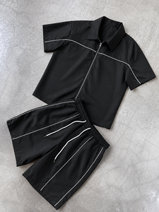 Conjunto de Camiseta Polo con Capucha y Pantalones Cortos de Poliéster/Nylon Transpirable con Cierre Personalizado para Hombre, Traje Deportivo Ligero de Verano con Ribete en Contraste, Estilo Casual - Product Image 1