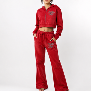 Women Solid Short Cropped Zip Hoodie Flare Sweatpants <b>Set</b> Heavyweight Cotton Fleece Sports Wear Tracksuit Casual Streetwear Two - Product Image 3