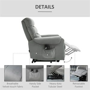Poltrona Reclinabile in Velluto Grigio Trapuntato con Sollevamento Elettrico, Massaggio a Vibrazione, Ricarica USB e Rivestimento Estensibile in Pelle per Soggiorno - Product Image 6