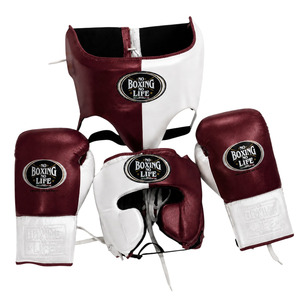 Ensemble de boxe personnalisé en cuir de vachette véritable, rouge et blanc, avec la sagnette 'No Boxing No Life', incluant un protège-tête réglable à lacets et une protection inguinale à ajustement rapide - Product Image 4