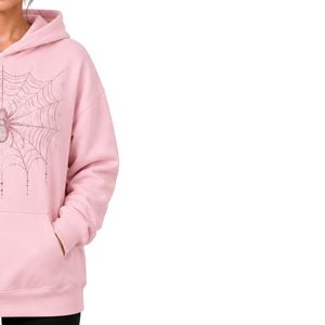 Sweat à capuche personnalisé rose pâle avec strass et motif toile d'araignée pour femme, coupe oversize, en molleton de coton premium, décontracté pour l'hiver - Product Image 4