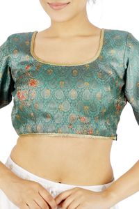 Blusa Corta Verde con Estampado Floral Banarasi, Cuello Cuadrado, Media Manga, Elástica, para Mujer - Product Image 4