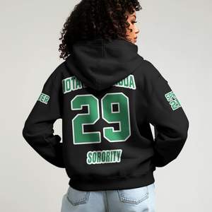 Sweat à capuche personnalisé de la sororité Iota Phi Lambda, noir, avec lettres grecques sur le devant, emblème et numéro d'année au dos, style pull-over - Product Image 2
