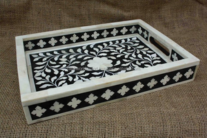 Plateau rectangulaire en marbre incrusté avec motif floral et poignées, design traditionnel décoratif - Product Image 6