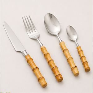 Ensemble de couverts en acier inoxydable avec manche en bois poli miroir, écologique, pour mariage, fête, hôtel, vente en gros - Product Image 1