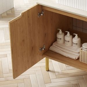 Mobile bagno Turio 30'' freestanding con piano in pietra sinterizzata effetto travertino Roma e mobiletto in compensato con venature naturali del legno - Product Image 4