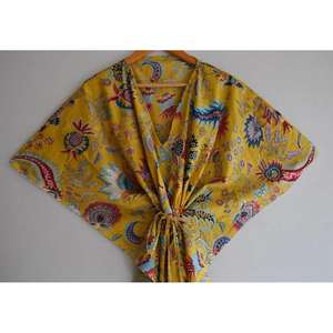 Robe Kaftan Légère en Coton Imprimée à la Main Motif Floral Peignoir Taille Naturelle Tenue Décontractée Cache-Maillot de Bain - Product Image 5