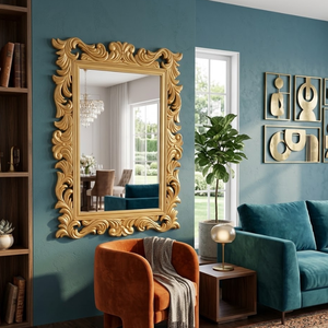 Miroir mural baroque de luxe en or avec cadre sculpté orné de motifs |   Miroir décoratif vintage royal pour la décoration du salon - Product Image 4