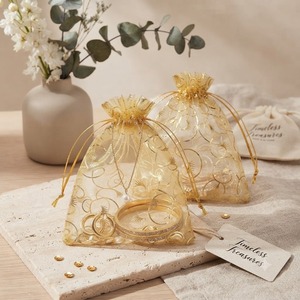 Bolsas de Regalo de Boda de Organza Dorada de Lujo al por Mayor, con Cierre de Cordón de Satén, Impresión Metálica, Hechas a Mano, Duraderas, para Cumpleaños - Product Image 3