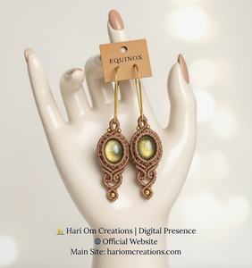 Boucles d'oreilles chandelier en macramé de labradorite faites à la main, plaquées or vintage, avec pierre précieuse verte chatoyante, bijoux artisanaux noués, vente en gros - Product Image 5