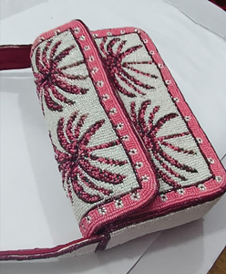 <b>Pink</b> Palm Tree Seed Beaded Storage Bag Clutch Bag Modern Embroidered Evening <b>Purse</b> Shoulder Crossbody Wedding Party Handbag - Product Image 1