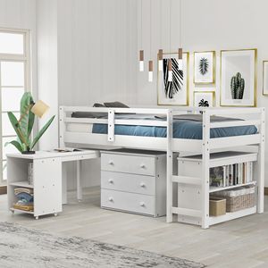 Letto a soppalco singolo bianco con armadio e scrivania portatile su ruote per bambini, letto a soppalco basso per studio (Vecchio SKU LP000113AAK) - Product Image 1