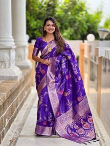 Sari en soie Banarasi riche avec bordure Meenakari, réversible, protection solaire, pour mariage - Product Image 3