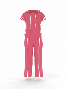 Conjunto Deportivo de Dos Piezas Estilo Europeo Americano ZHEZHE para Mujer, Camiseta con Capucha y Pantalones Holgados con Diseño a Rayas, Traje Casual de Verano - Product Image 5