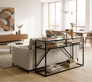Table console au design industriel moderne, verre trempé, tube en fer électro-plaqué, double couche, meubles de salon, salons - Product Image 3