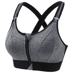 Soutien-gorge de sport respirant sans couture en dentelle gris et noir pour femme, à maintien élevé, avec fermeture éclair avant et dos croisé, idéal pour la gym et l'entraînement - Product Image 4