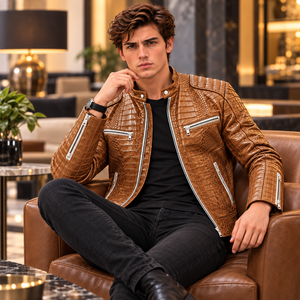 Men's <b>Brown</b> for Embossed <b>Leather</b> Breathable Vintage Streetwear Biker <b>Jacket</b> Custom OEM Luxury Genuine <b>Leather</b> - Product Image 1