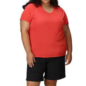 Nouveau T-shirt décontracté pour femme grande taille, col en V, manches courtes, bleu uni, séchage rapide, en polyester tricoté, coupe classique - Product Image 5