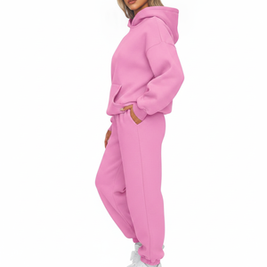 Ensemble de survêtement pour femme surdimensionné avec logo personnalisé, sweat à capuche en molleton et pantalon de jogging, deux pièces, rose uni, tenue décontractée - Product Image 1