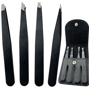 4PCS Stainless Steel Eyebrow Tweezers Set Custom Colors with PU Leather Pouch Slant Pointed Angled Tip OEM - Product Image 1