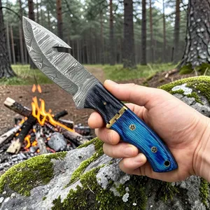 Cuchillo de caza de hoja fija de acero de Damasco con punta de gota y gancho para desollar, mango de madera verde, filo biselado, OEM, hoja de 4 pulgadas, para uso en exteriores y camping - Product Image 5
