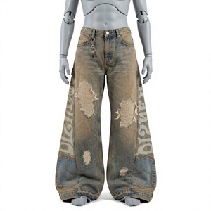 <b>Men's</b> <b>High</b> <b>Waist</b> Wide Leg Distressed Denim <b>Jeans</b> With Letter Print Loose Fit Streetwear Style - Product Image 1