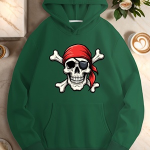 Sweat à capuche décontracté pour femme avec imprimé crâne de pirate et cache-œil, tissu tricoté 100% polyester, vêtement d'automne, couleur verte - Product Image 3