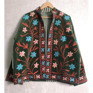 Boho Indian Velvet Suzani Embroidery Quilted Breathable <b>Stand</b> Jacket Women Handmade Long Sleeve Designer Ethnic Winter <b>Coat</b> - Product Image 1