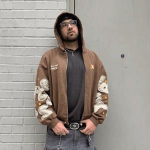 Sweat à capuche zippé pour homme, entièrement brodé avec lettres imprimées en relief, en molleton de coton épais, coupe oversize à épaules tombantes, anti-plis, pour l'hiver - Product Image 5