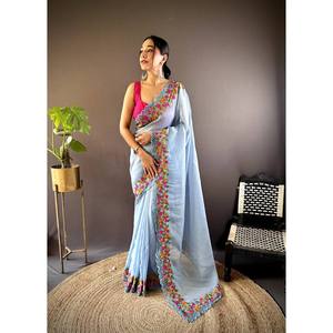 Sari de Diseñador con Hermoso Bordado Multicolor, Ropa India y Pakistaní - Product Image 4
