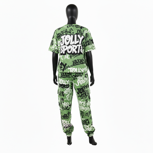 Conjunto de Pantalón y Camiseta de Felpa de Algodón y Poliéster de Primera Calidad, 220 GSM, para Mujer, Estampado de Grafiti Verde, Logotipo Personalizado - Product Image 2