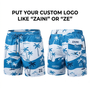 Shorts de Baño para Hombre, 120 GSM, Microfibra de Poliéster con Textura de Piel de Durazno, Estampado Tropical Azul y Blanco, Sublimación Personalizada, Bordado, Etiqueta Tejida - Product Image 1