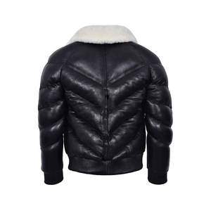 Blouson aviateur en cuir noir pour homme, col montant, fermeture éclair, doublure en fausse fourrure, coupe-vent, manteau d'hiver - Product Image 4