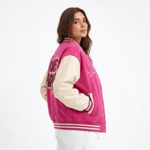 Custom Pink <b>Jacket</b> Women's <b>Letterman</b> <b>Jacket</b> With Cream Sleeves Embroidered Streetwear Bomber <b>Jacket</b> - Product Image 2