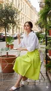 Falda cruzada acampanada de cintura alta para mujer-Falda MIDI de algodón verde lima sólido con lazo lateral Vestidos casuales de verano para uso diario - Product Image 3