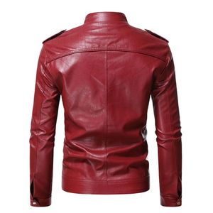 Blouson moto homme en cuir PU rouge, col montant, fermeture éclair, coupe ajustée, manches classiques, couleur unie, style motard, pour l'automne, tendance - Product Image 2