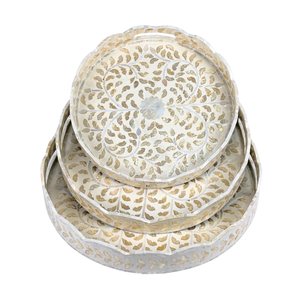 Ensemble de plateaux rectangulaires en MDF pliables, avec incrustation de nacre de Capiz festonnée et motif feuille, faits main, durables, classiques, pour le salon - Product Image 4